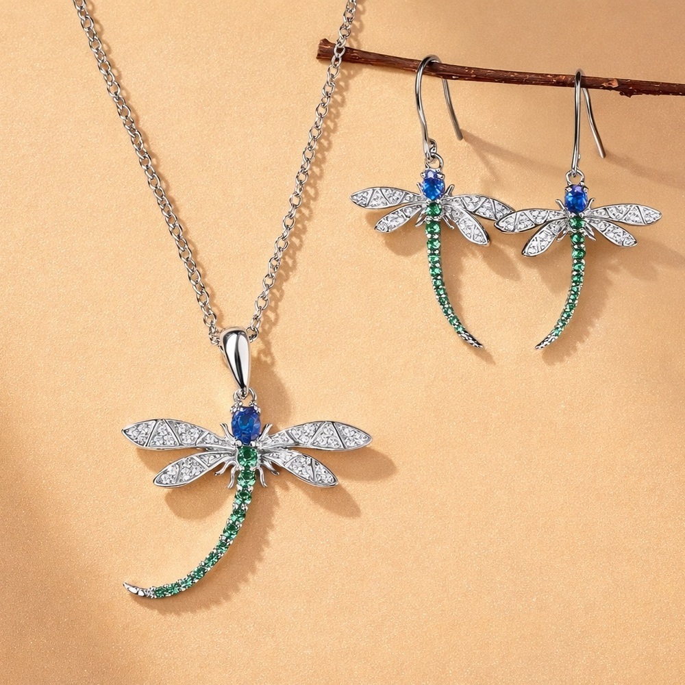 Dragonfly Emerald Crystal Necklace with Matching Earrings